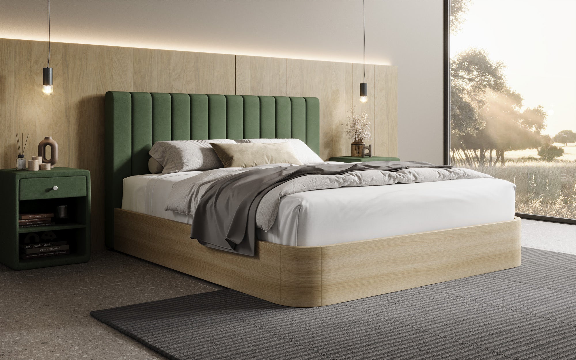 Designer upholstered bed Fiore Linea in fabric with storage space