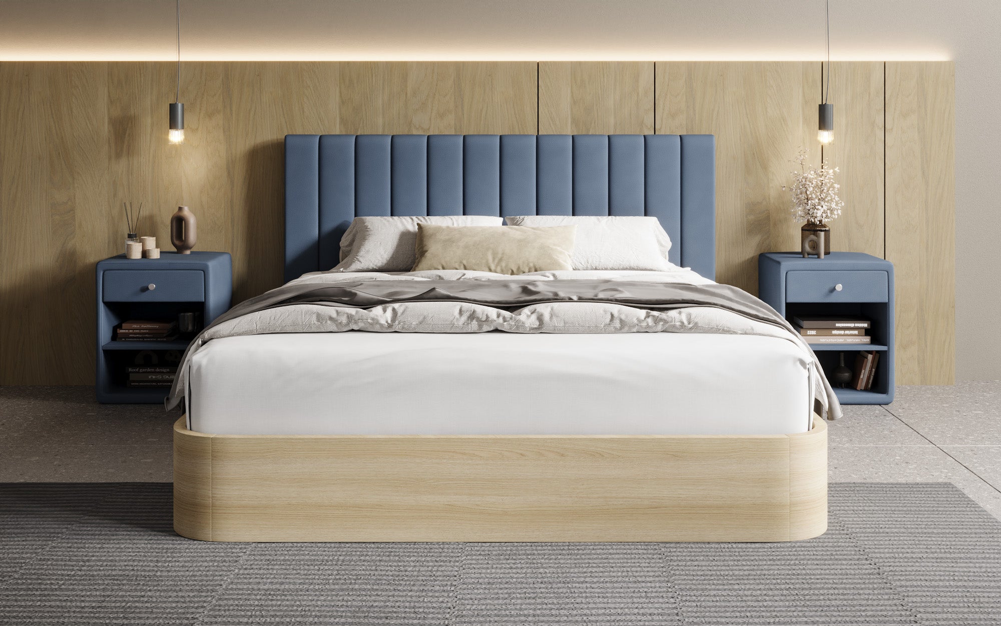 Designer upholstered bed Fiore Linea in fabric with storage space