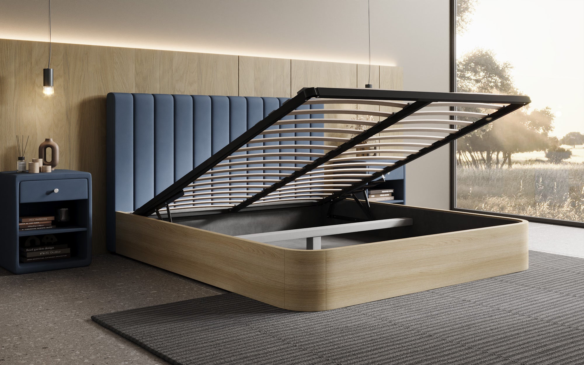 Designer upholstered bed Fiore Linea in fabric with storage space