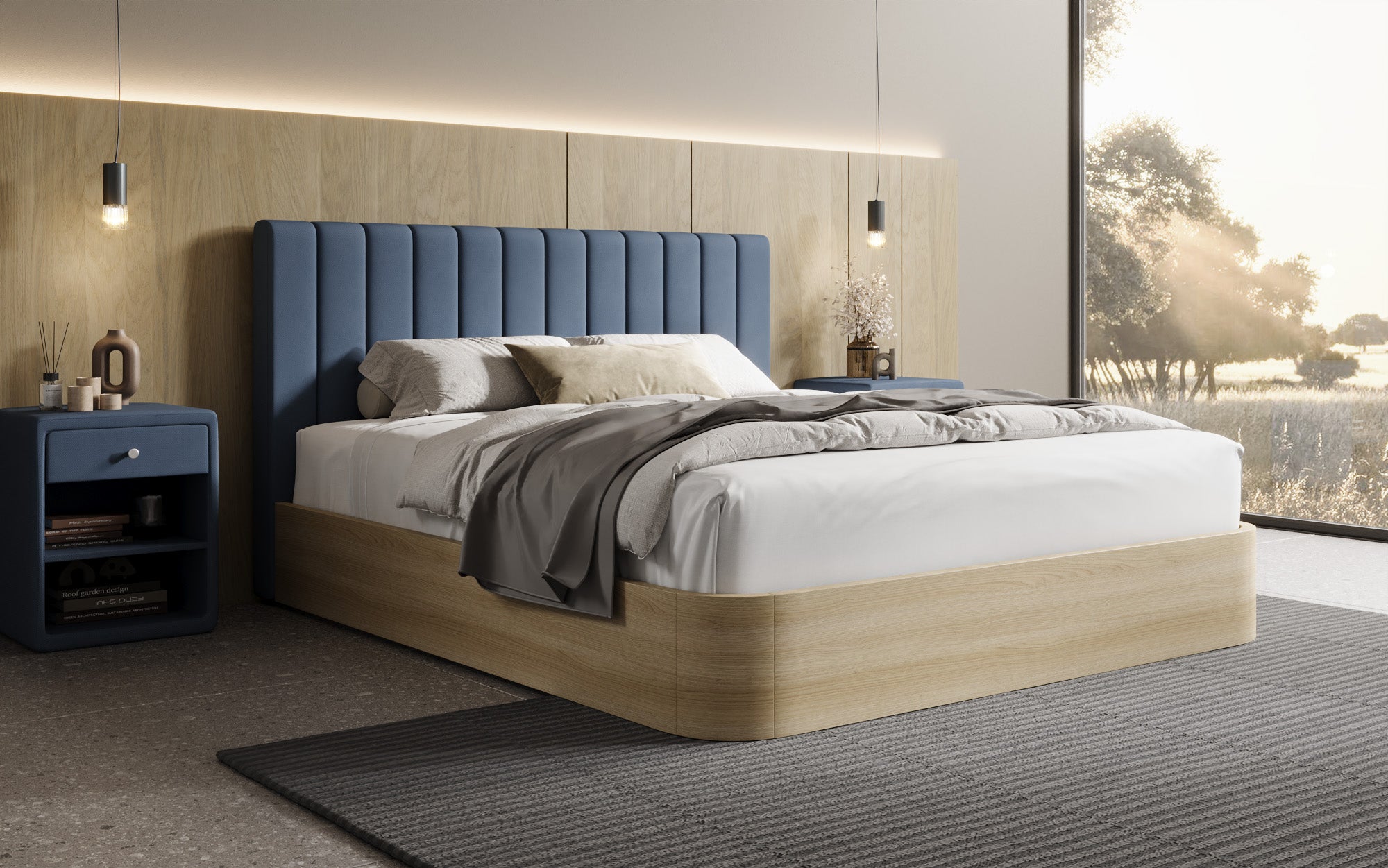 Designer upholstered bed Fiore Linea in fabric with storage space