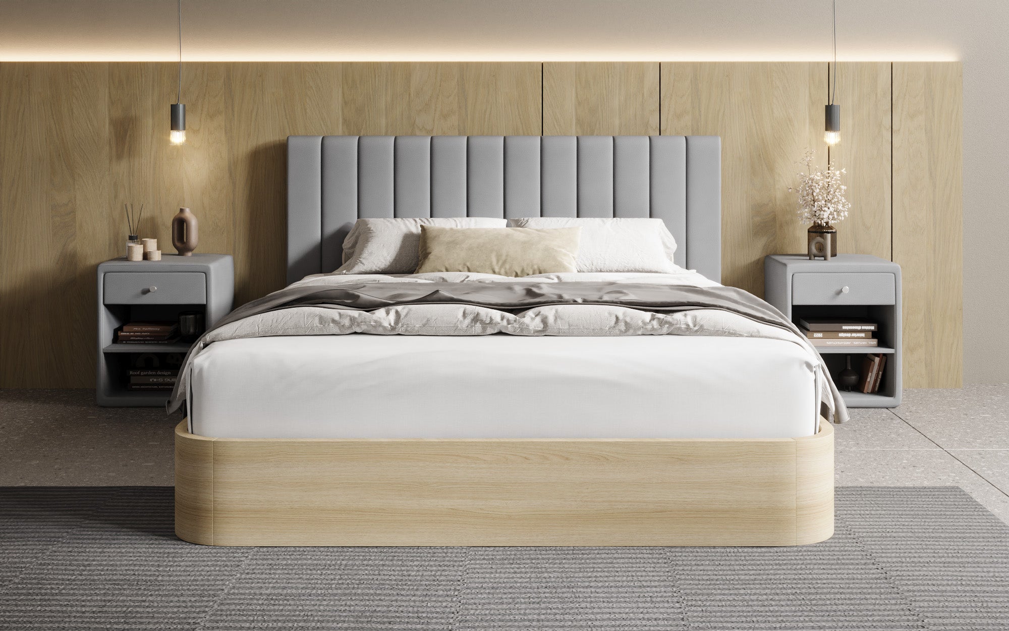 Designer upholstered bed Fiore Linea in fabric with storage space