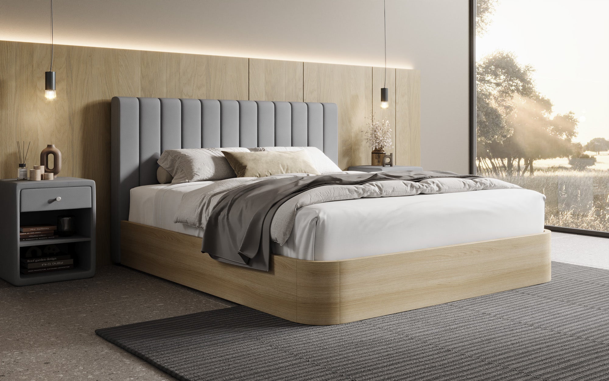 Designer upholstered bed Fiore Linea in fabric with storage space