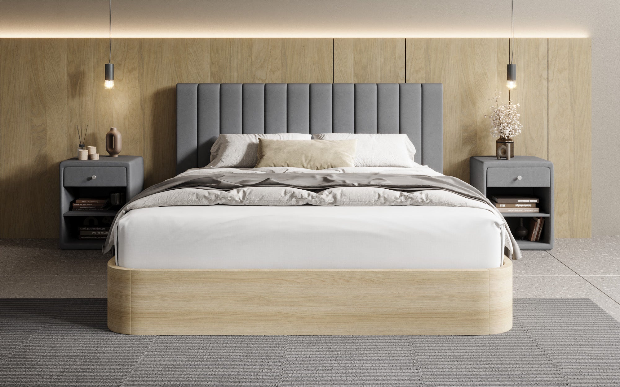 Designer upholstered bed Fiore Linea in fabric with storage space