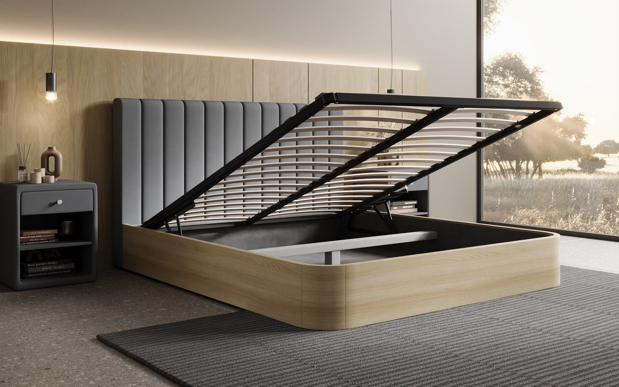 Designer upholstered bed Fiore Linea in fabric with storage space