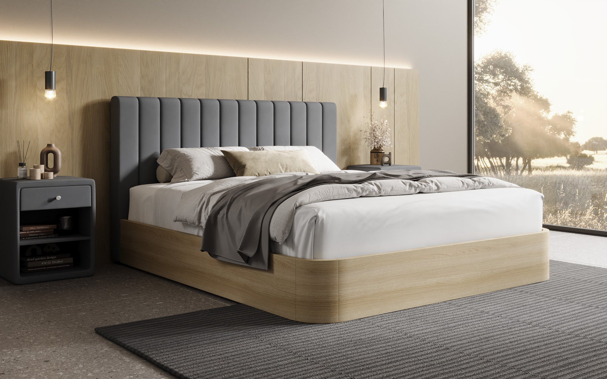 Designer upholstered bed Fiore Linea in fabric with storage space