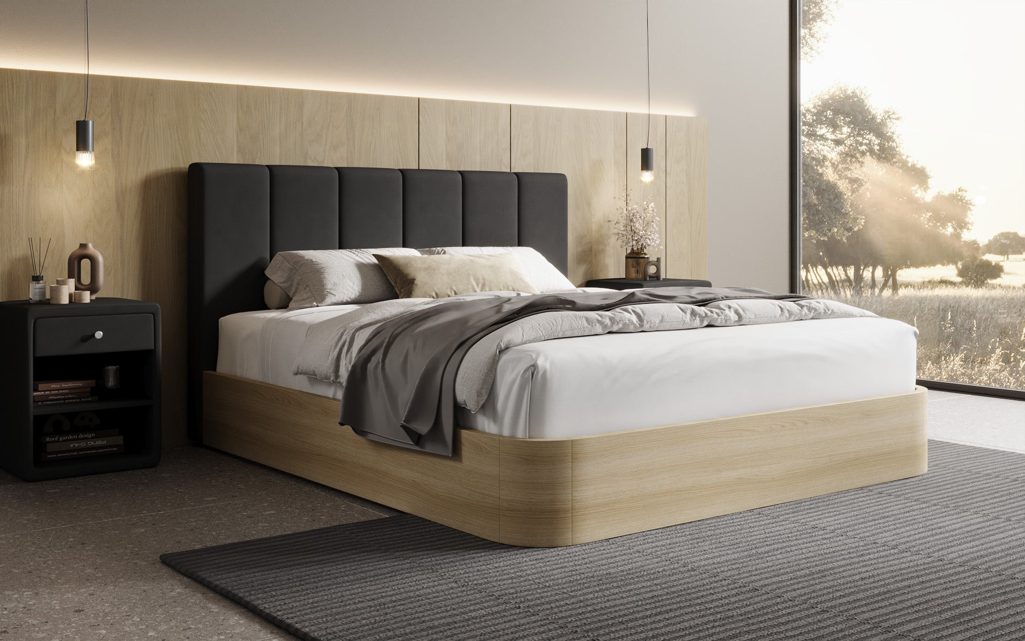 Designer Polsterbett Fiore Piano in Stoff mit Stauraum