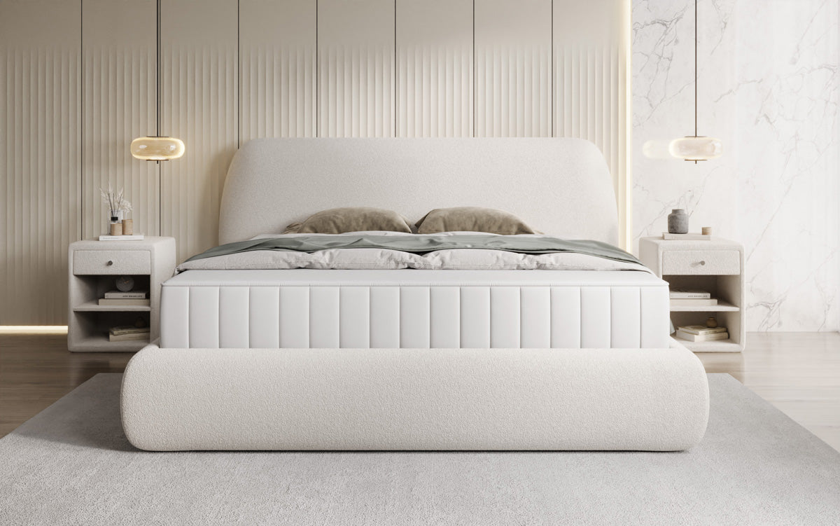 Designer upholstered bed Nella in teddy bouclé with storage space