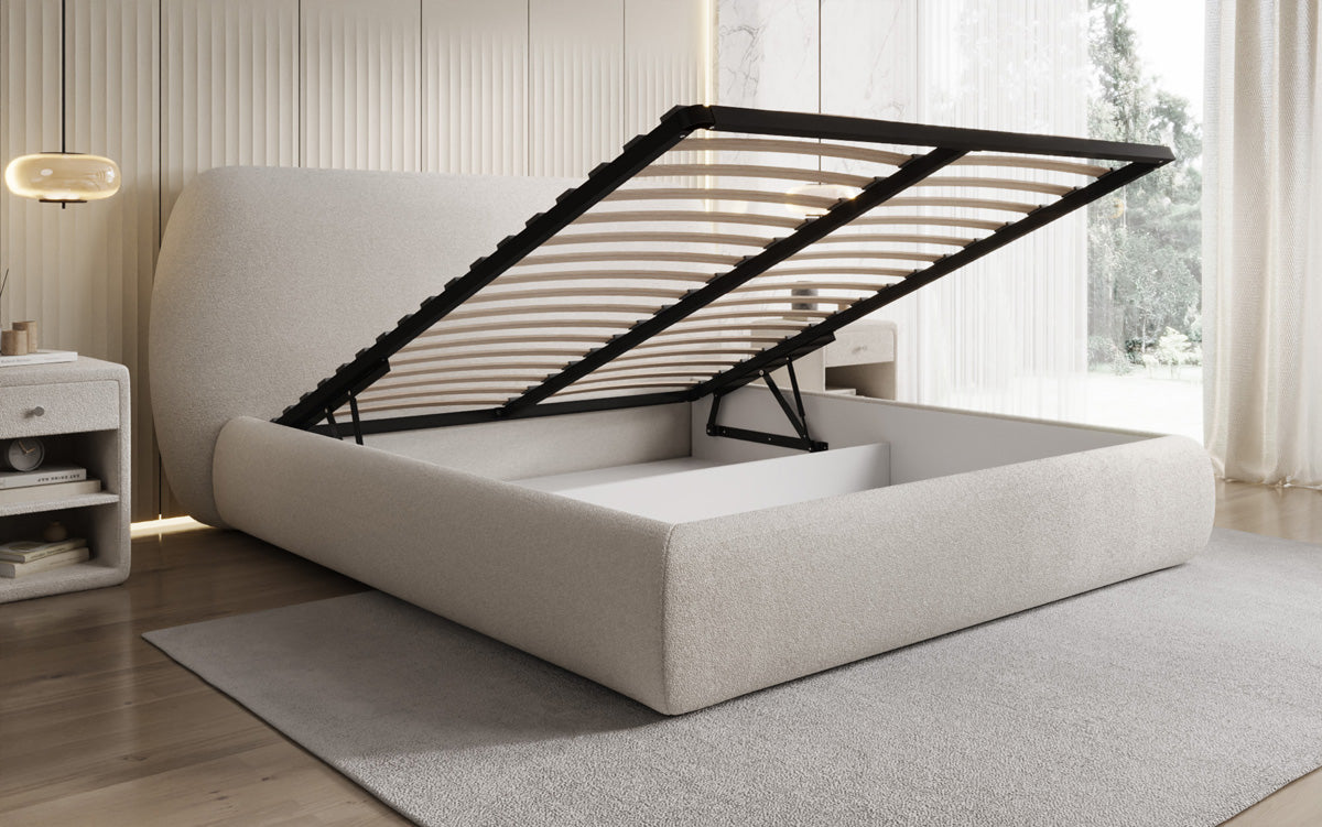 Designer upholstered bed Nella in teddy bouclé with storage space