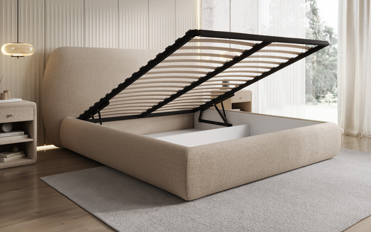 Designer upholstered bed Nella in teddy bouclé with storage space