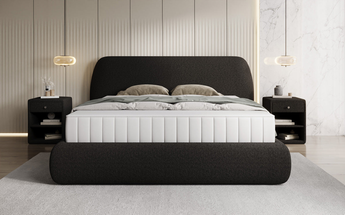 Designer upholstered bed Nella in teddy bouclé with storage space