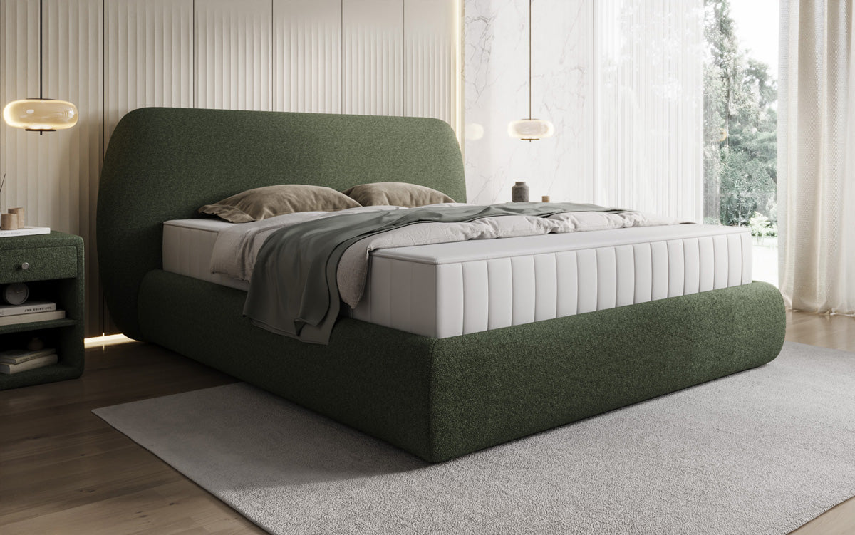 Designer upholstered bed Nella in teddy bouclé with storage space