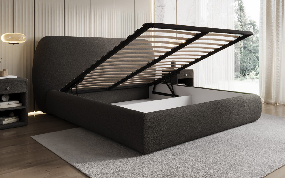 Designer upholstered bed Nella in teddy bouclé with storage space