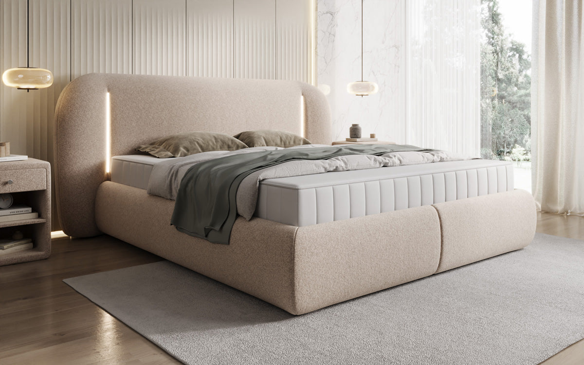 Designer Polsterbett Momo in Strukturstoff mit Stauraum und LED