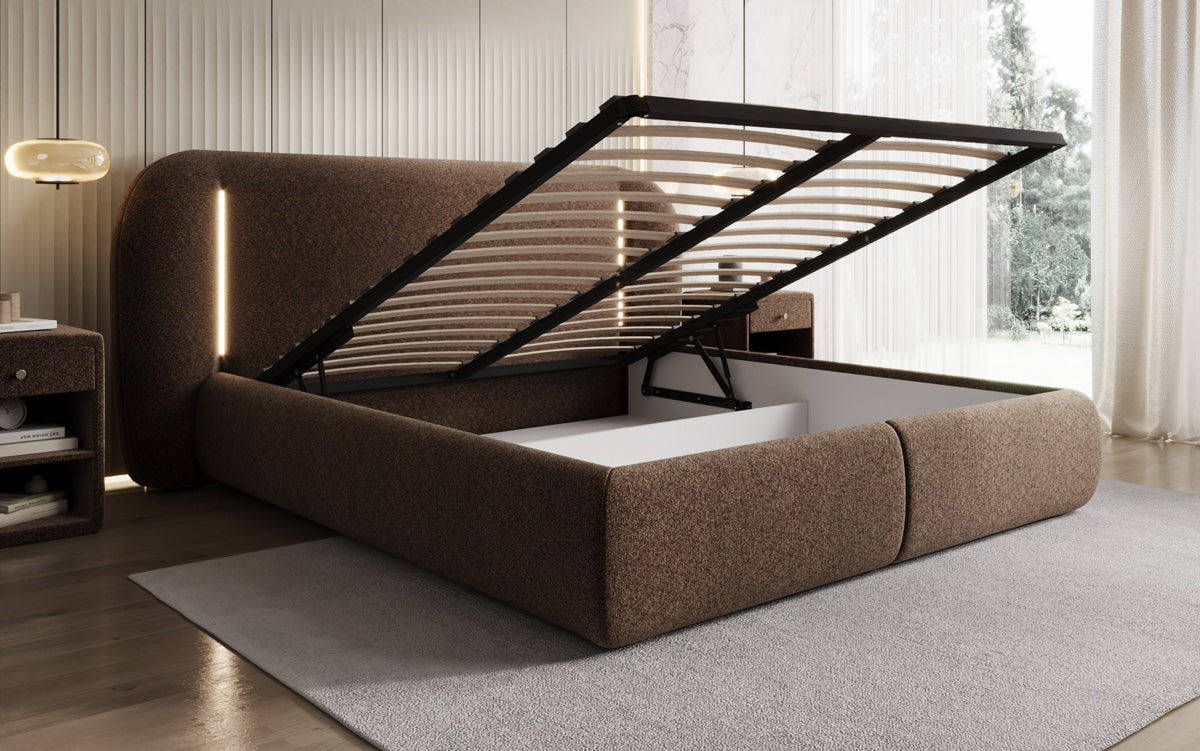 Designer Polsterbett Momo in Strukturstoff mit Stauraum und LED