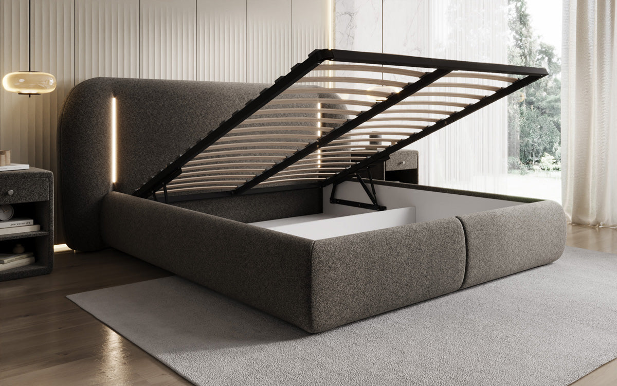 Designer Polsterbett Momo in Strukturstoff mit Stauraum und LED