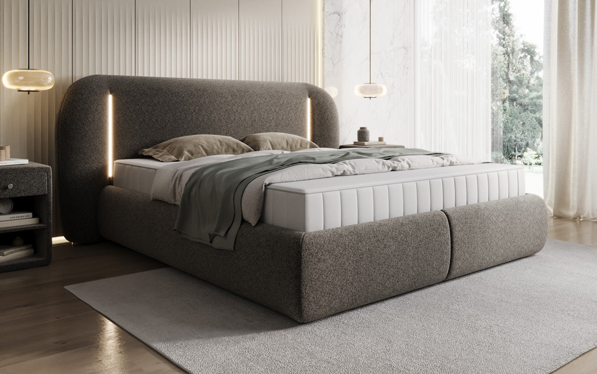 Designer Polsterbett Momo in Strukturstoff mit Stauraum und LED
