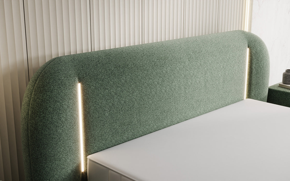 Designer Polsterbett Momo in Strukturstoff mit Stauraum und LED