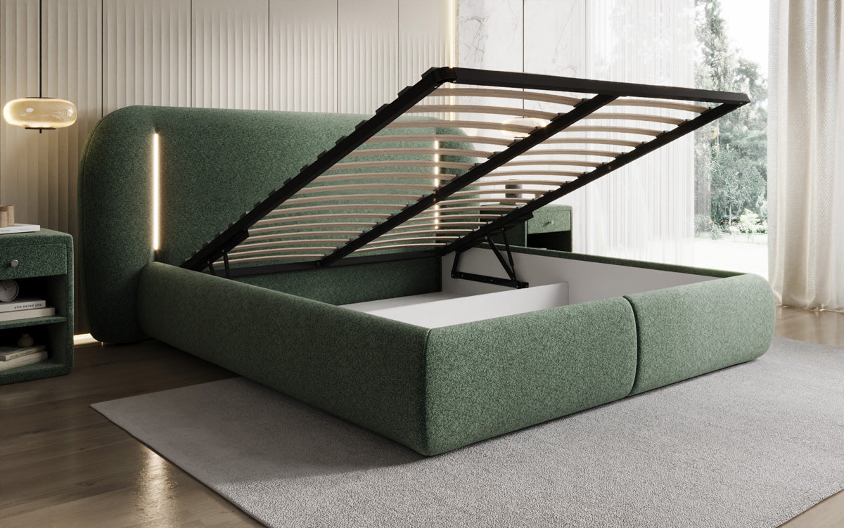 Designer Polsterbett Momo in Strukturstoff mit Stauraum und LED