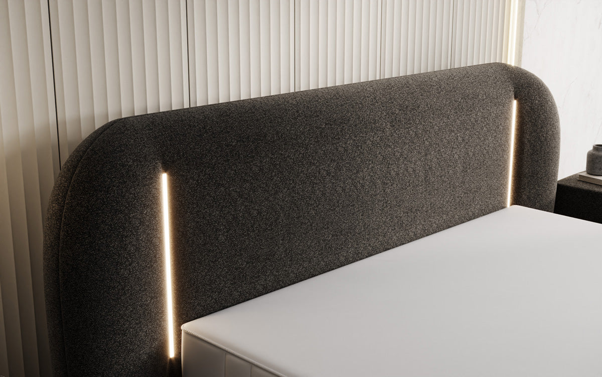 Designer Polsterbett Momo in Strukturstoff mit Stauraum und LED