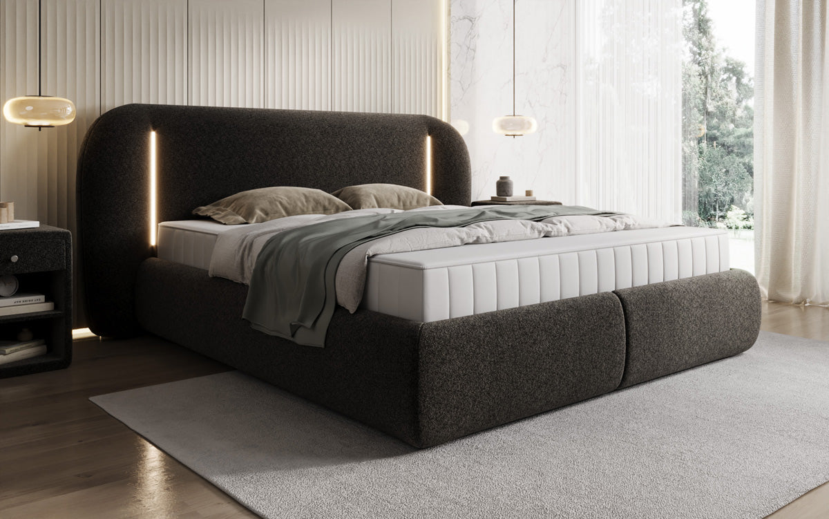 Designer Polsterbett Momo in Strukturstoff mit Stauraum und LED
