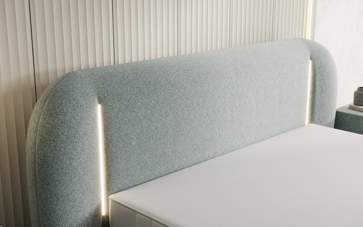 Designer Polsterbett Momo in Strukturstoff mit Stauraum und LED