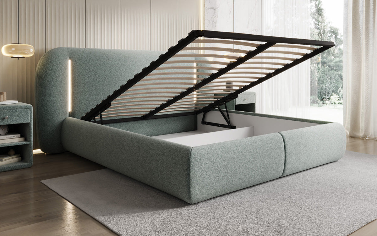 Designer Polsterbett Momo in Strukturstoff mit Stauraum und LED
