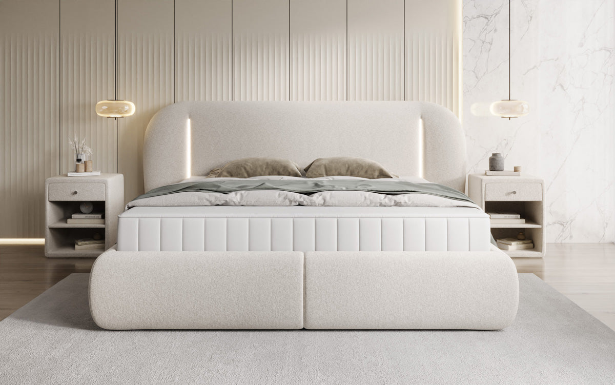 Designer Polsterbett Momo in Strukturstoff mit Stauraum und LED