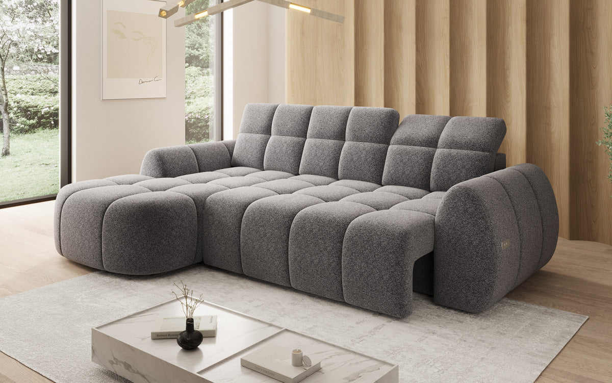 Designer corner sofa Bjork in textured fabric with electric seat extension