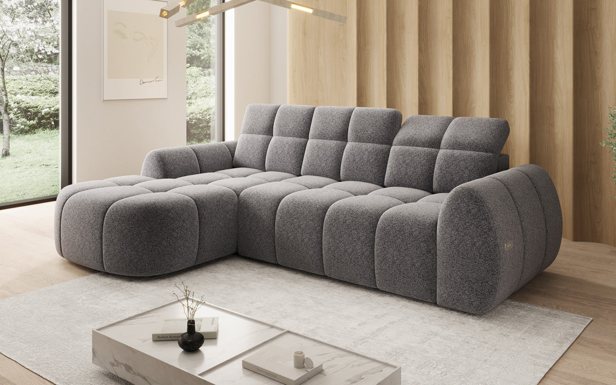 Designer corner sofa Bjork in textured fabric with electric seat extension