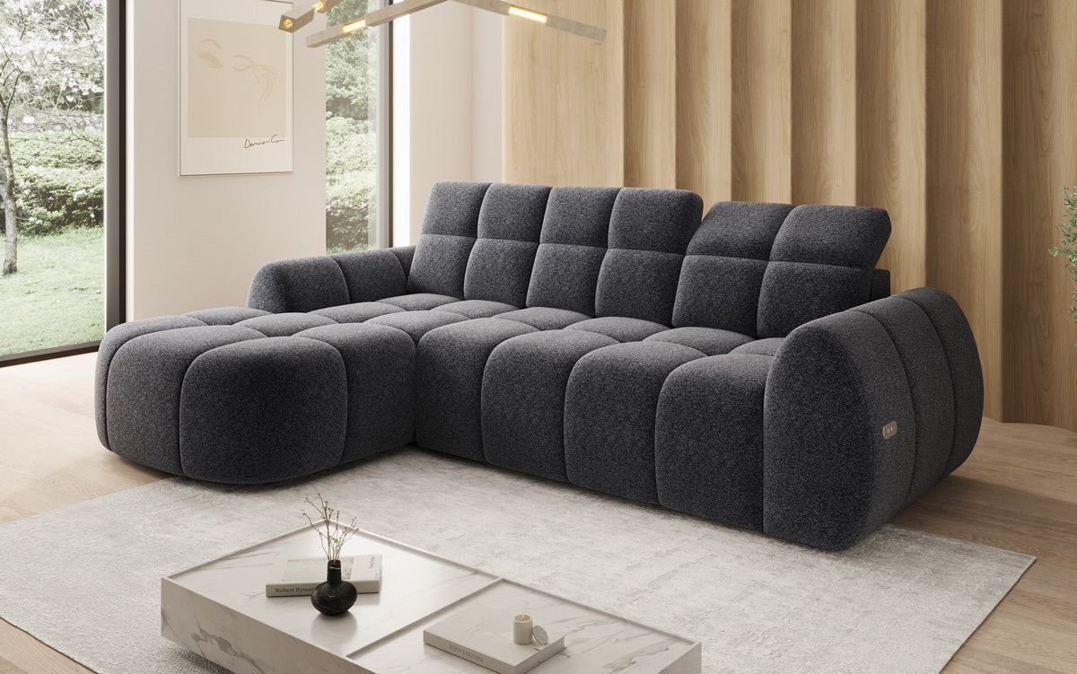 Designer corner sofa Bjork in textured fabric with electric seat extension