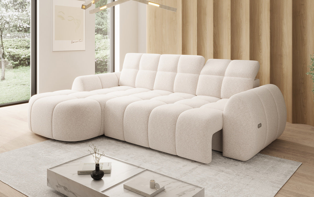 Designer corner sofa Bjork in textured fabric with electric seat extension