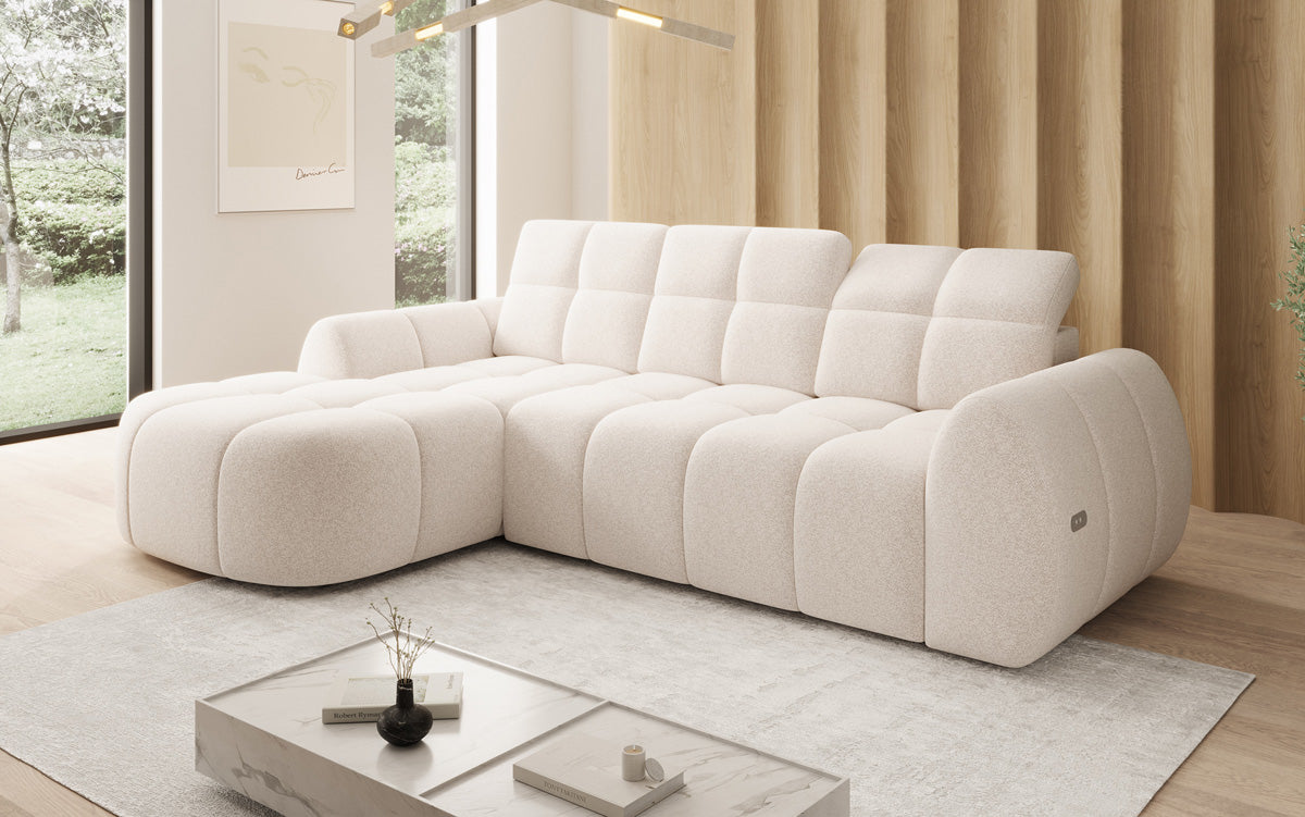 Designer corner sofa Bjork in textured fabric with electric seat extension