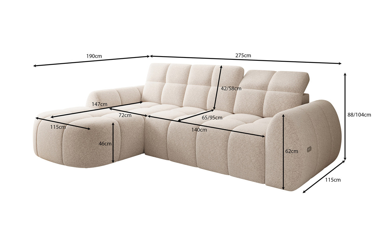 Designer corner sofa Bjork in textured fabric with electric seat extension