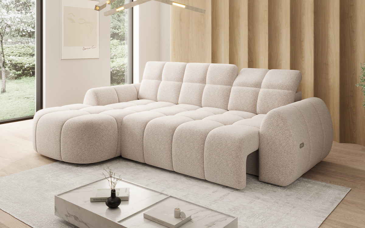 Designer corner sofa Bjork in textured fabric with electric seat extension