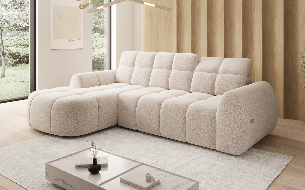Designer corner sofa Bjork in textured fabric with electric seat extension