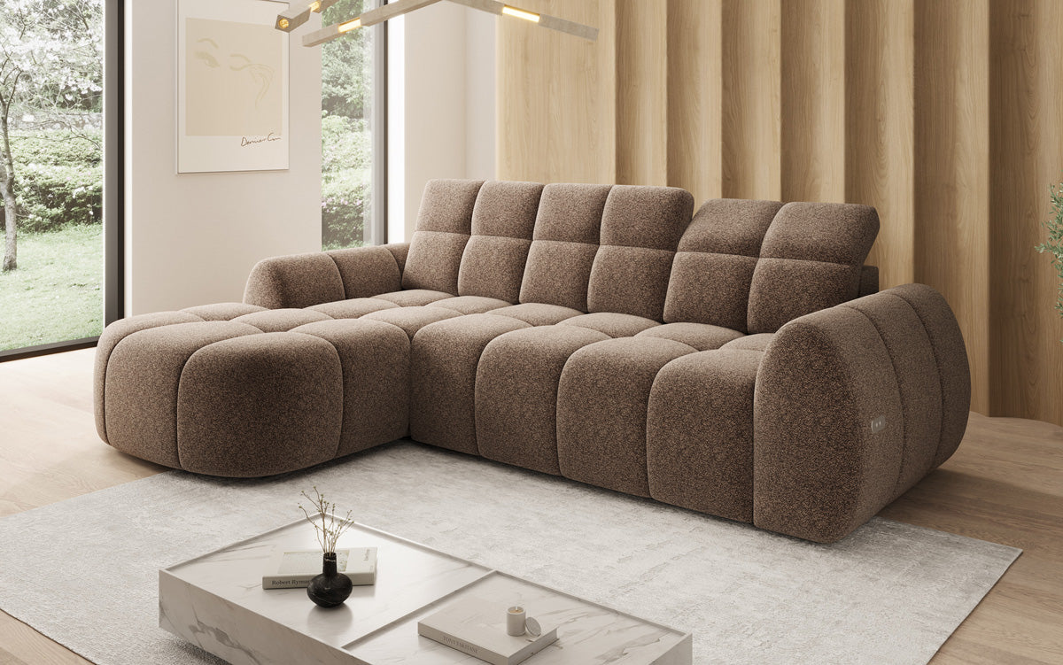 Designer corner sofa Bjork in textured fabric with electric seat extension