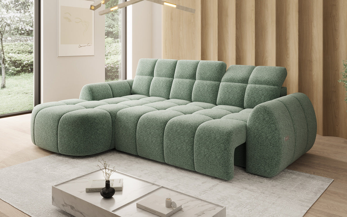 Designer corner sofa Bjork in textured fabric with electric seat extension