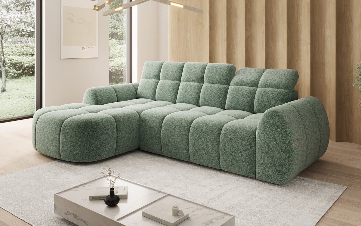 Designer corner sofa Bjork in textured fabric with electric seat extension