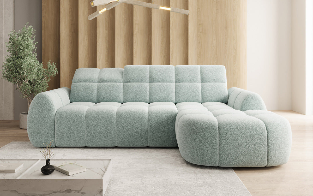 Designer corner sofa Bjork in textured fabric with electric seat extension