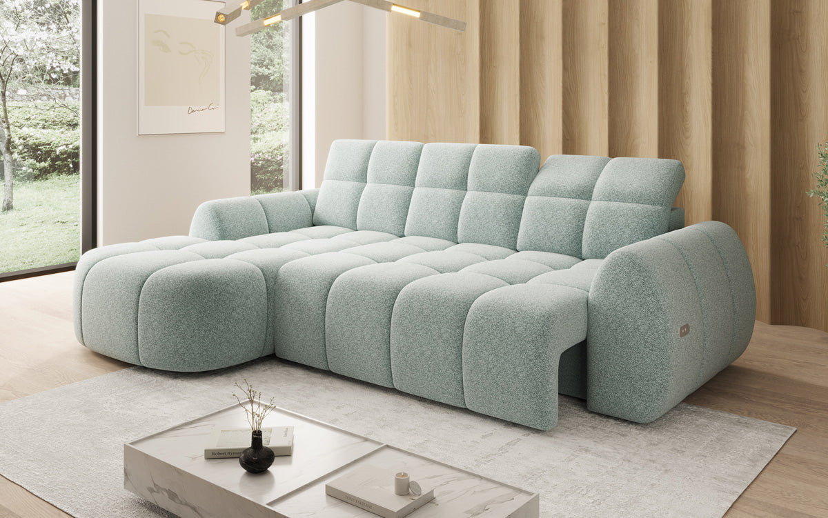 Designer corner sofa Bjork in textured fabric with electric seat extension