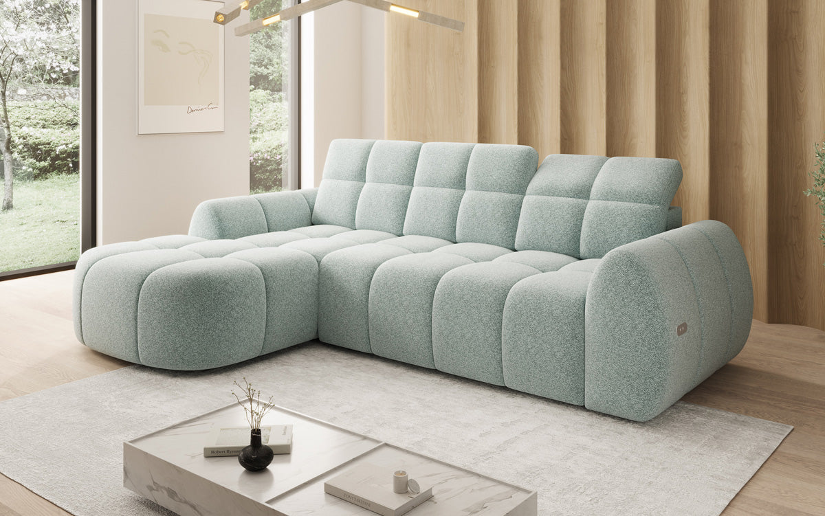 Designer corner sofa Bjork in textured fabric with electric seat extension