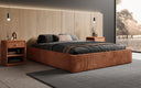 Designer upholstered bed base with storage without headboard in Corduroy