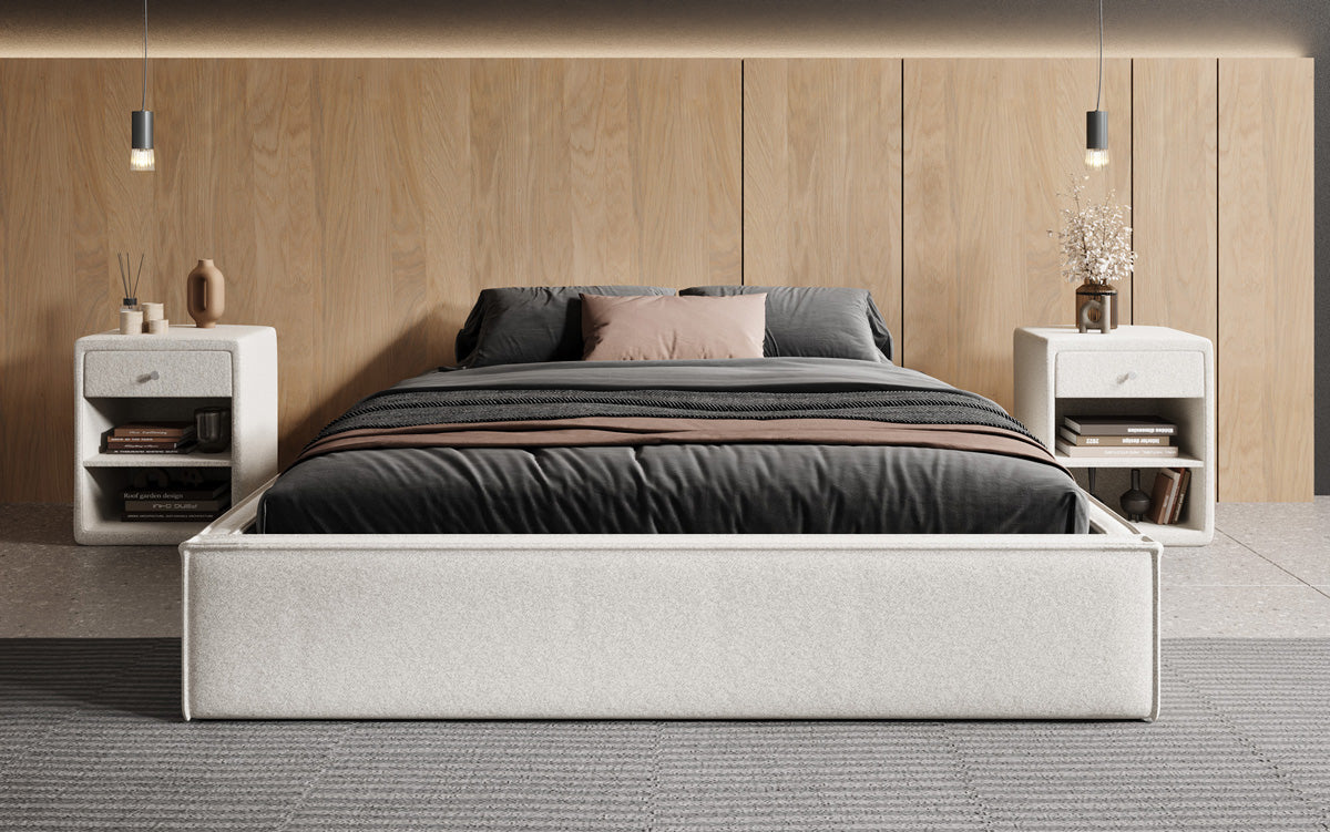Designer upholstered bed base with storage without headboard in textured fabric