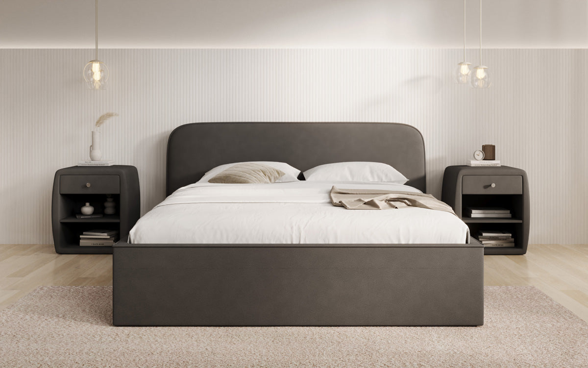 Designer upholstered bed Nola in fabric with storage space