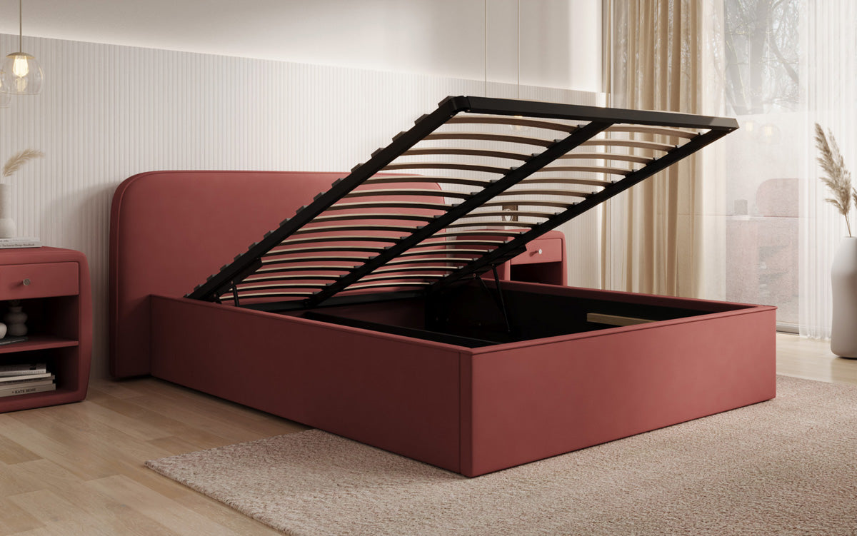 Designer upholstered bed Nola in fabric with storage space