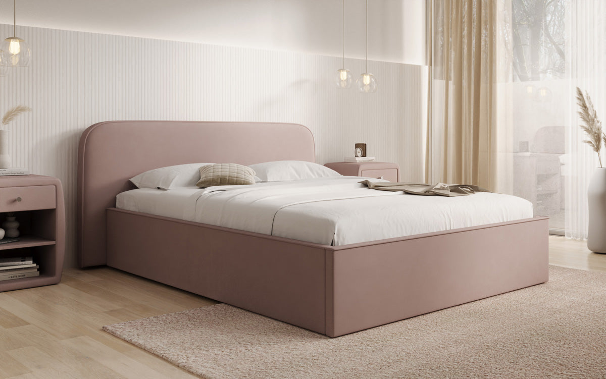 Designer upholstered bed Nola in fabric with storage space