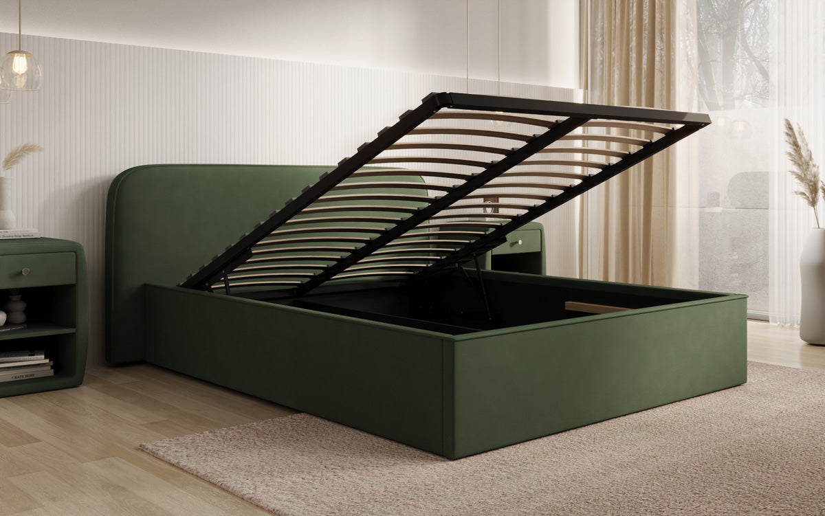 Designer upholstered bed Nola in fabric with storage space