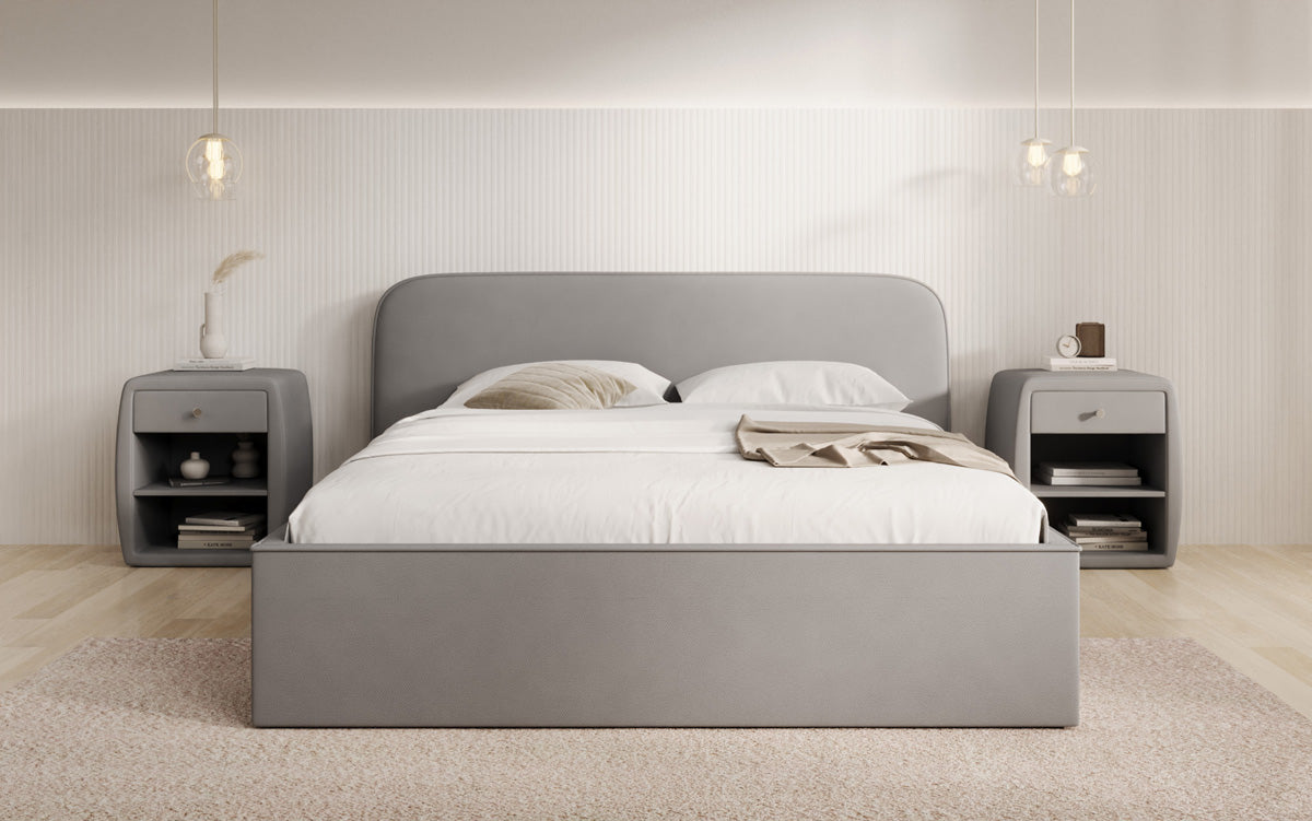 Designer upholstered bed Nola in fabric with storage space
