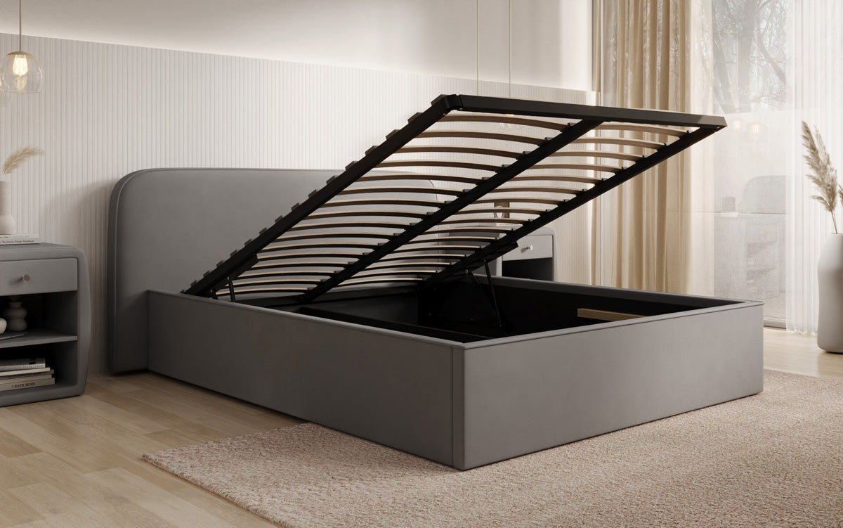 Designer upholstered bed Nola in fabric with storage space
