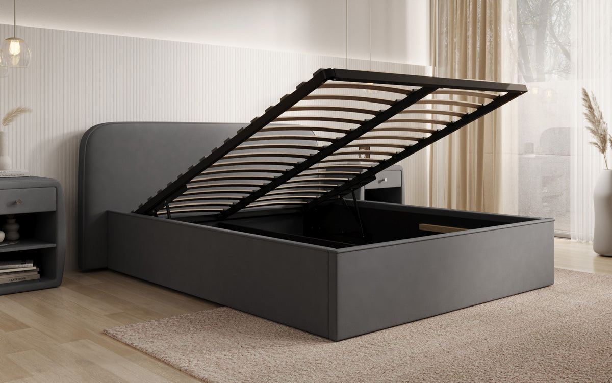 Designer upholstered bed Nola in fabric with storage space